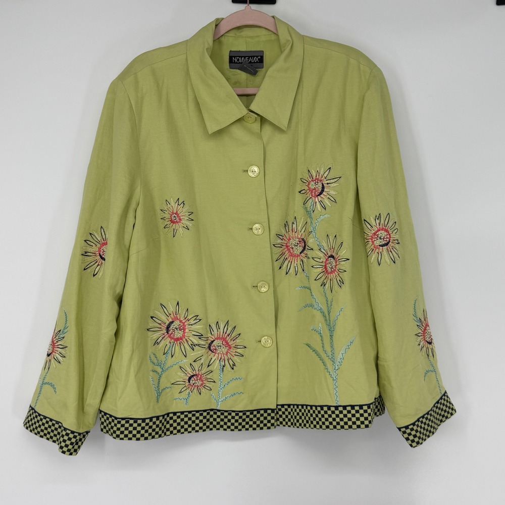Nouveaux Woman Embroidered Linen Blend‎ Jacket Floral Print Green Size 20W